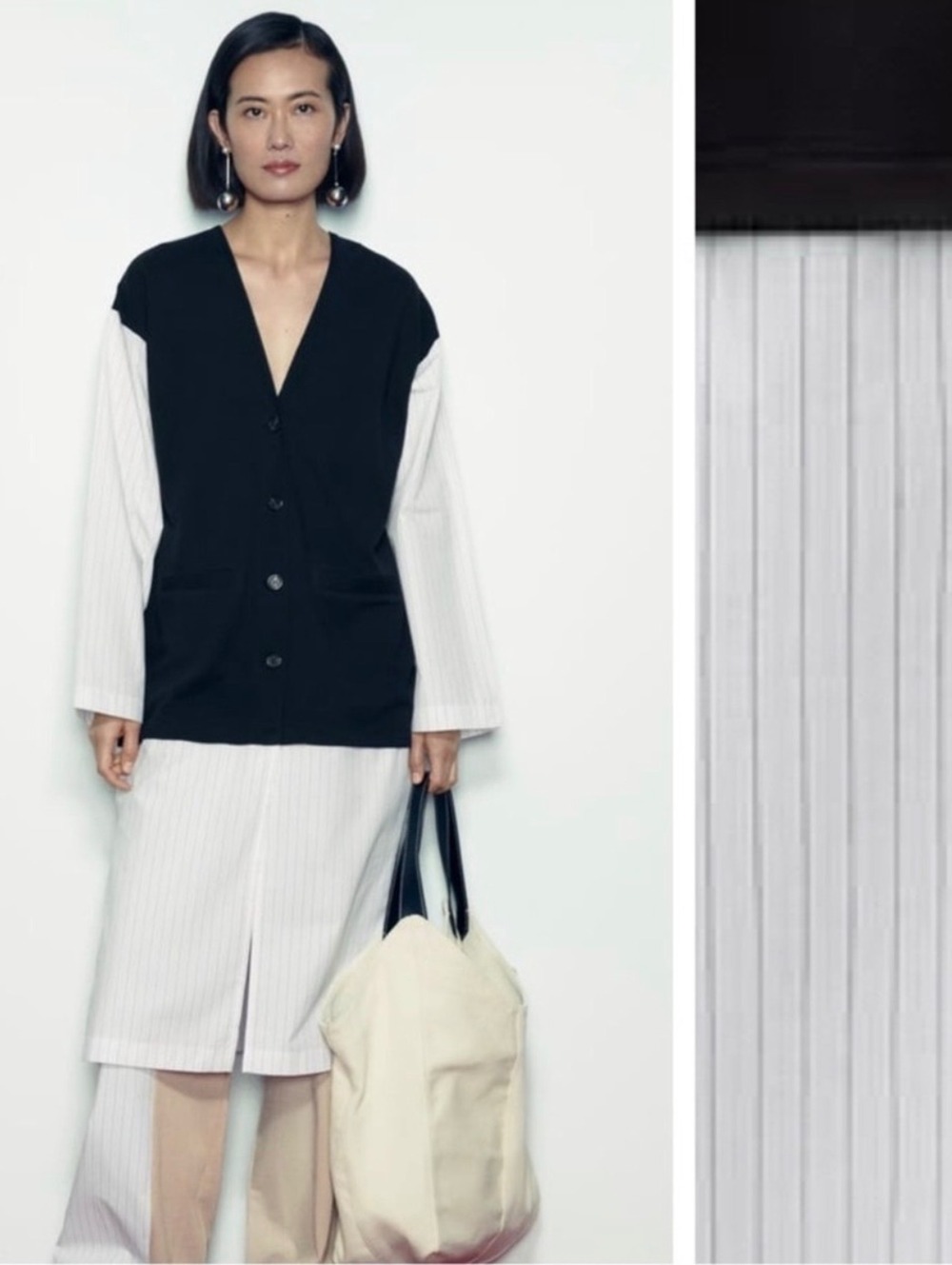 ZARA Striped Contrast Poplin Long V-neck Blouse Jacket Black White Large Button